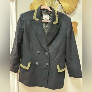 Mondi Vintage Blazer Black Jacket Cashmere Wool Yellow Trim Double Breast Large